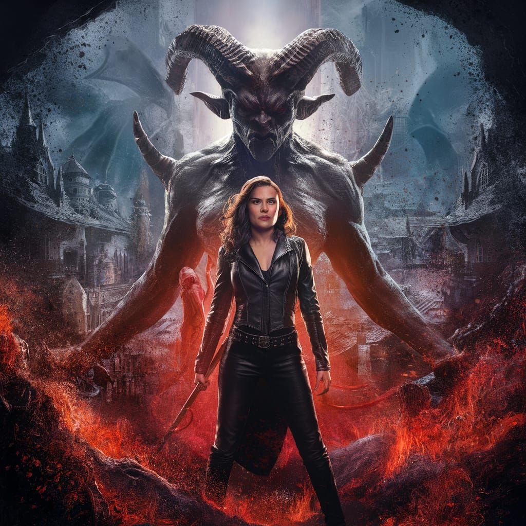 Confident Actress Faces Horned Demon in Enchanted Cityscape