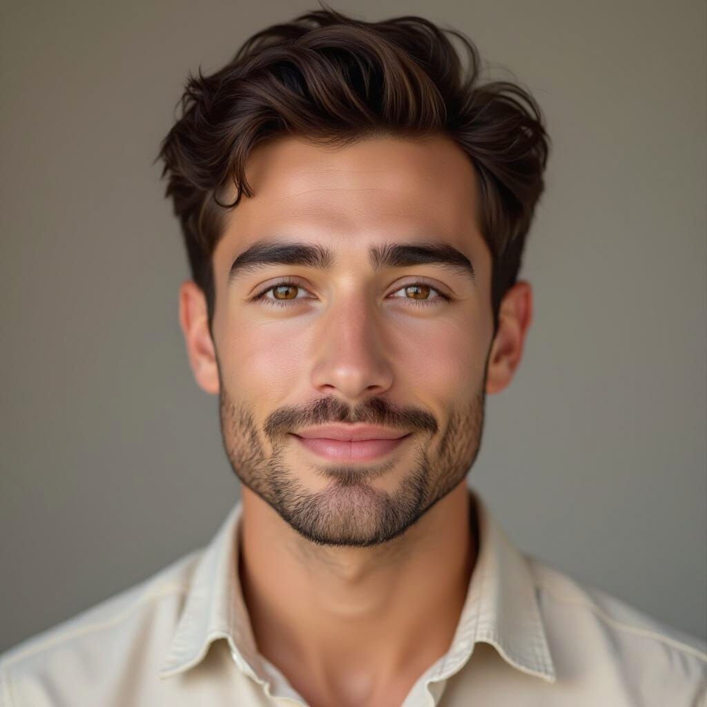 Young Man with Warm Brown Eyes and Subtle Smile