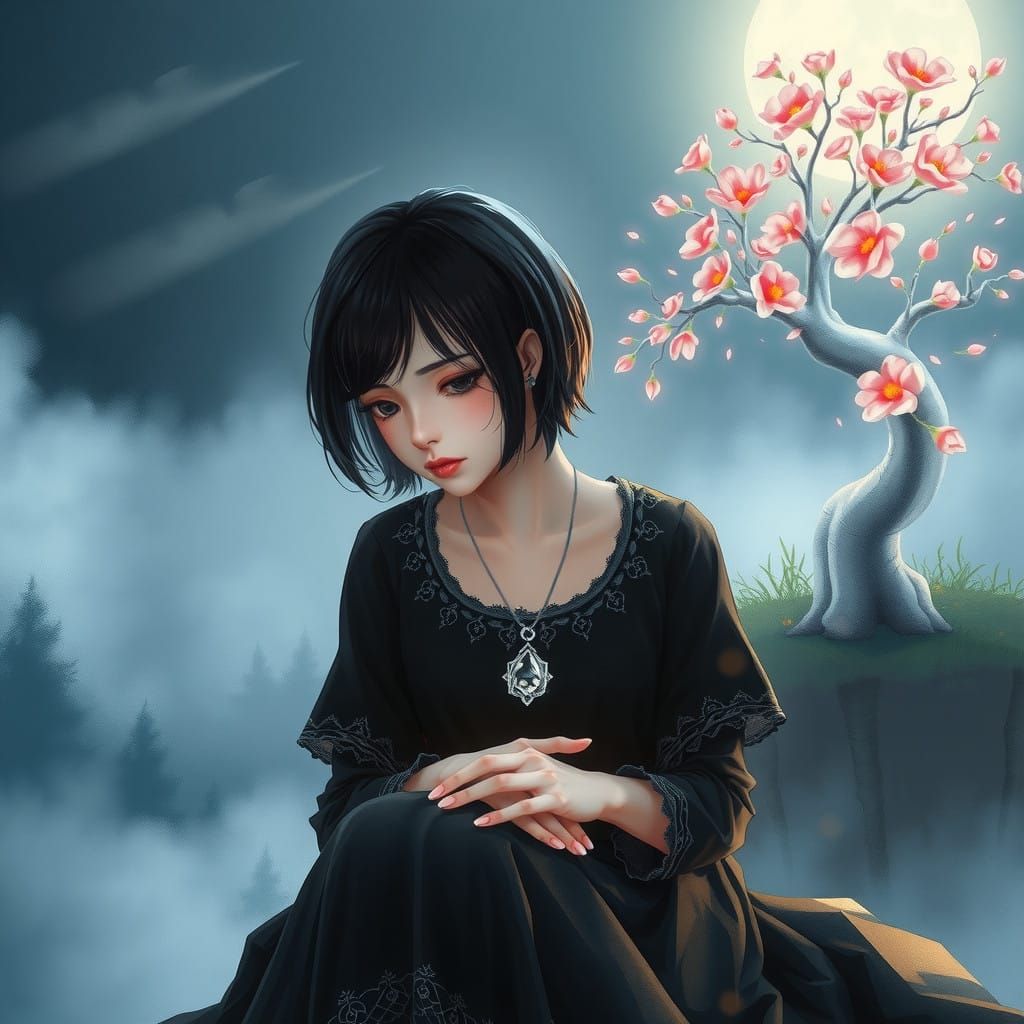 Contemplative Emo Girl Surrounded by Ethereal Whispers in a....