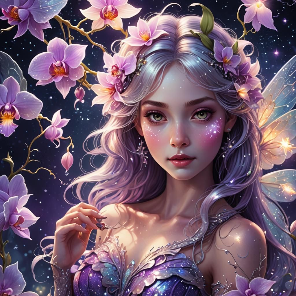 Mythical Creature with Iridescent Orchid in Starry Night