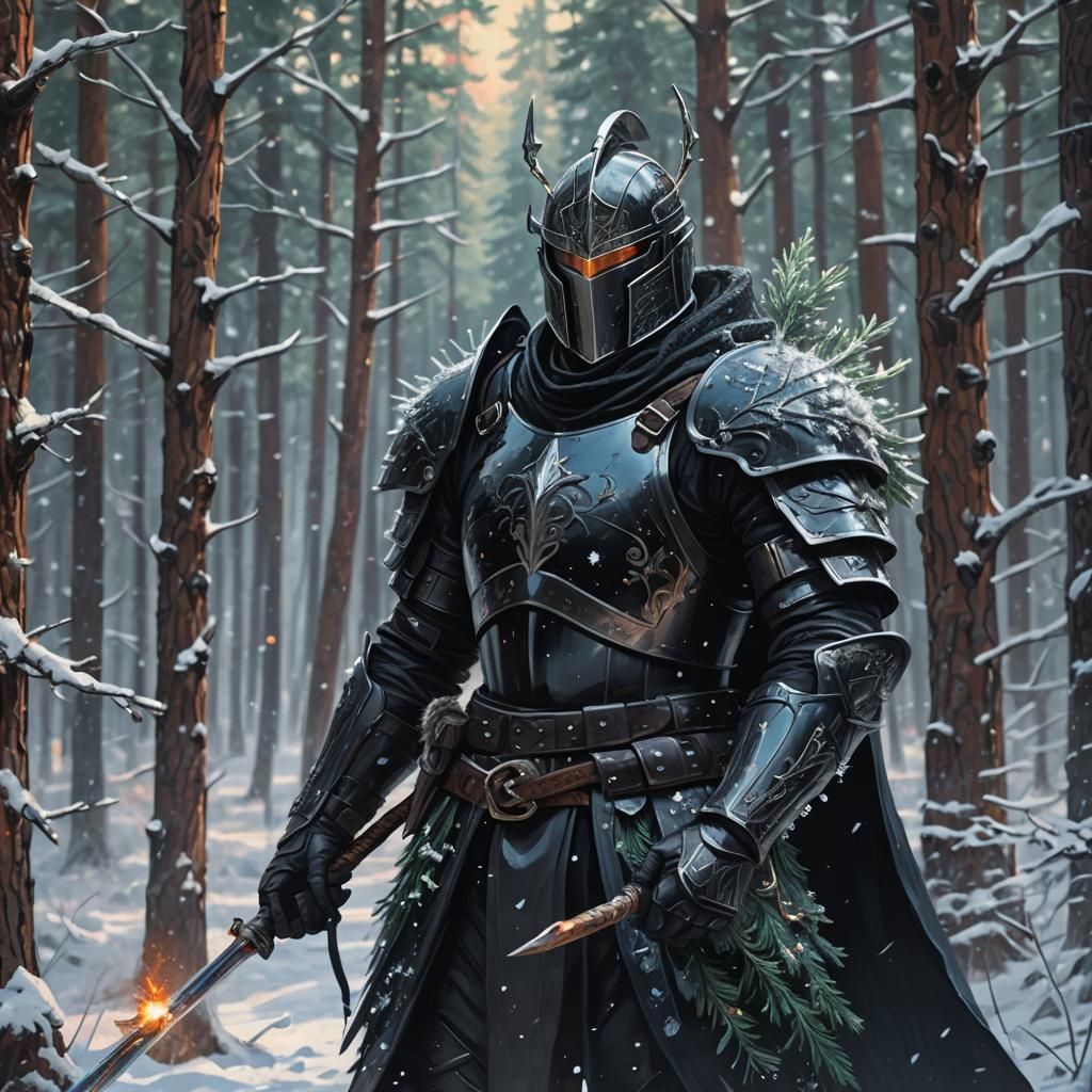 Dark Knight in Snowy Forest: Fantasy Oil Painting