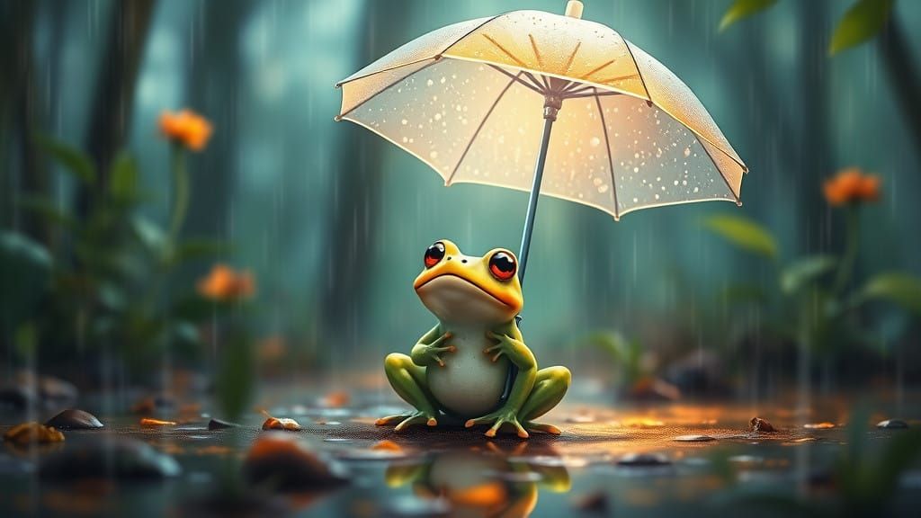 Whimsical Rainy Woodland Scene with a Glowing Frog Under an...