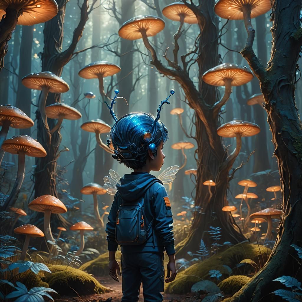 Blue Boy with Antennae in Mystical Forest