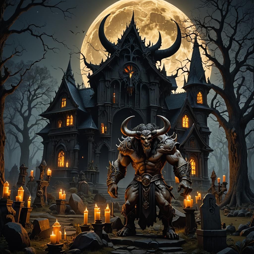 Minotaur at Haunted Gothic House in Dark Fantasy Style