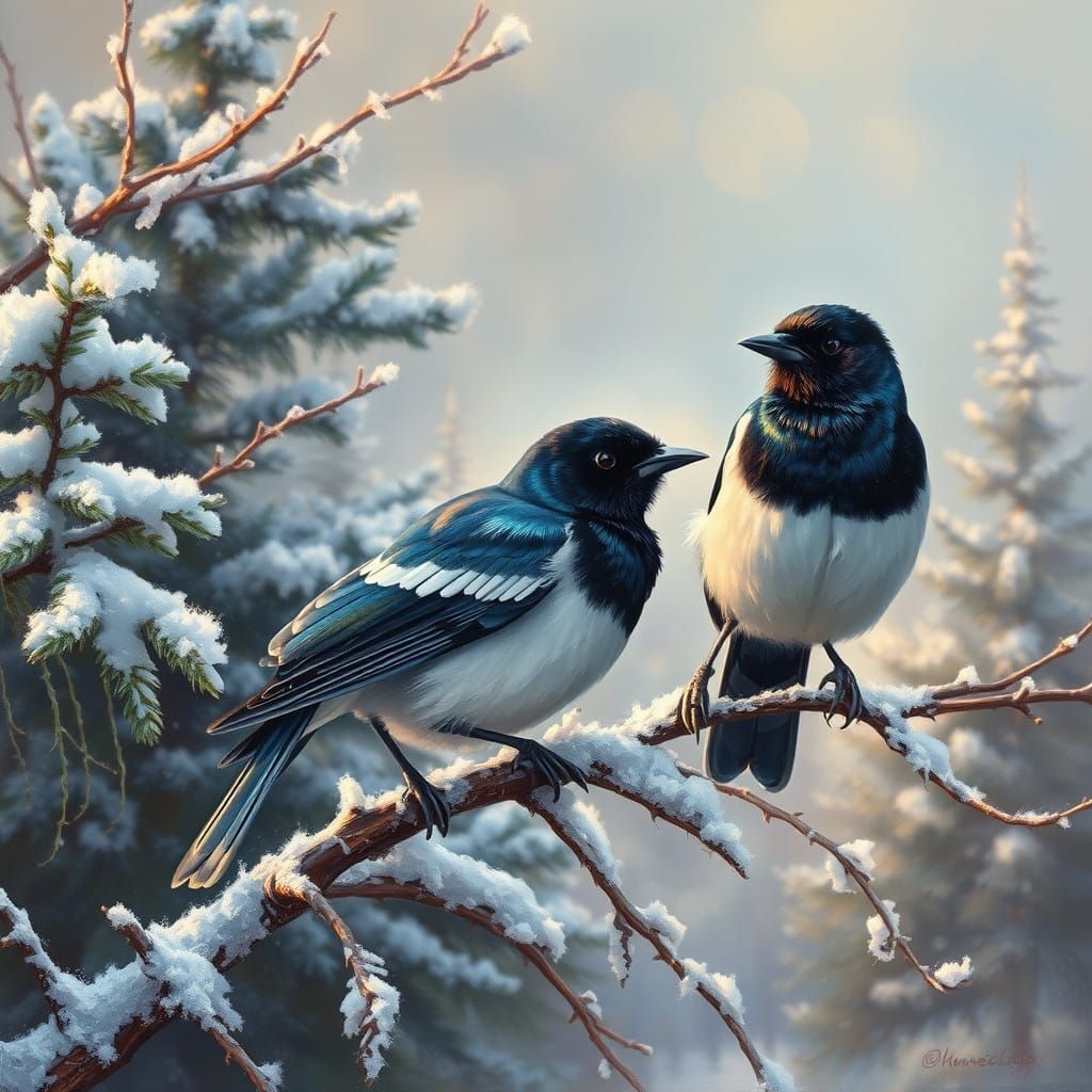 Winter Whispers: Iridescent Magpies in Majestic Serenity