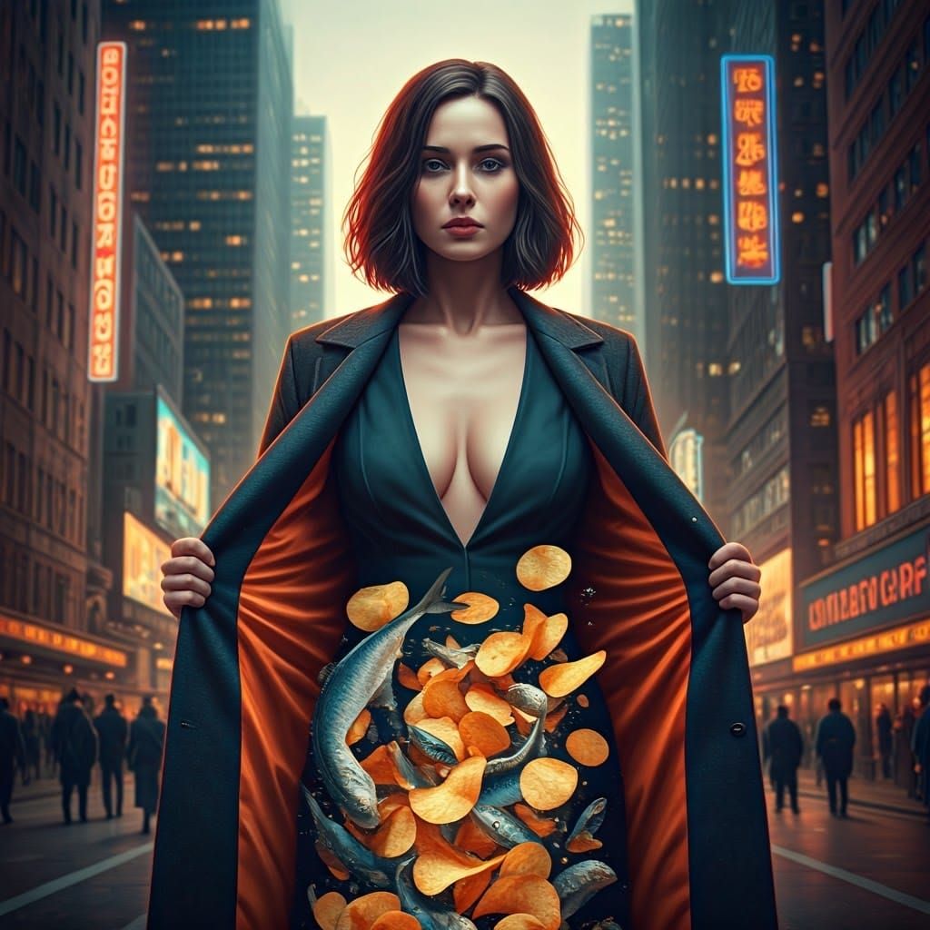 Surrealist City Dreamscape with Swirling Chips and Fish