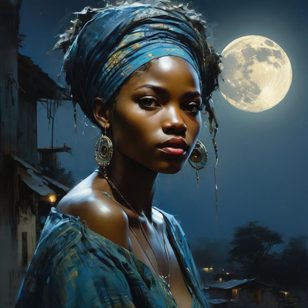 Beautiful African Woman in Moonlight, Detailed Fine Art