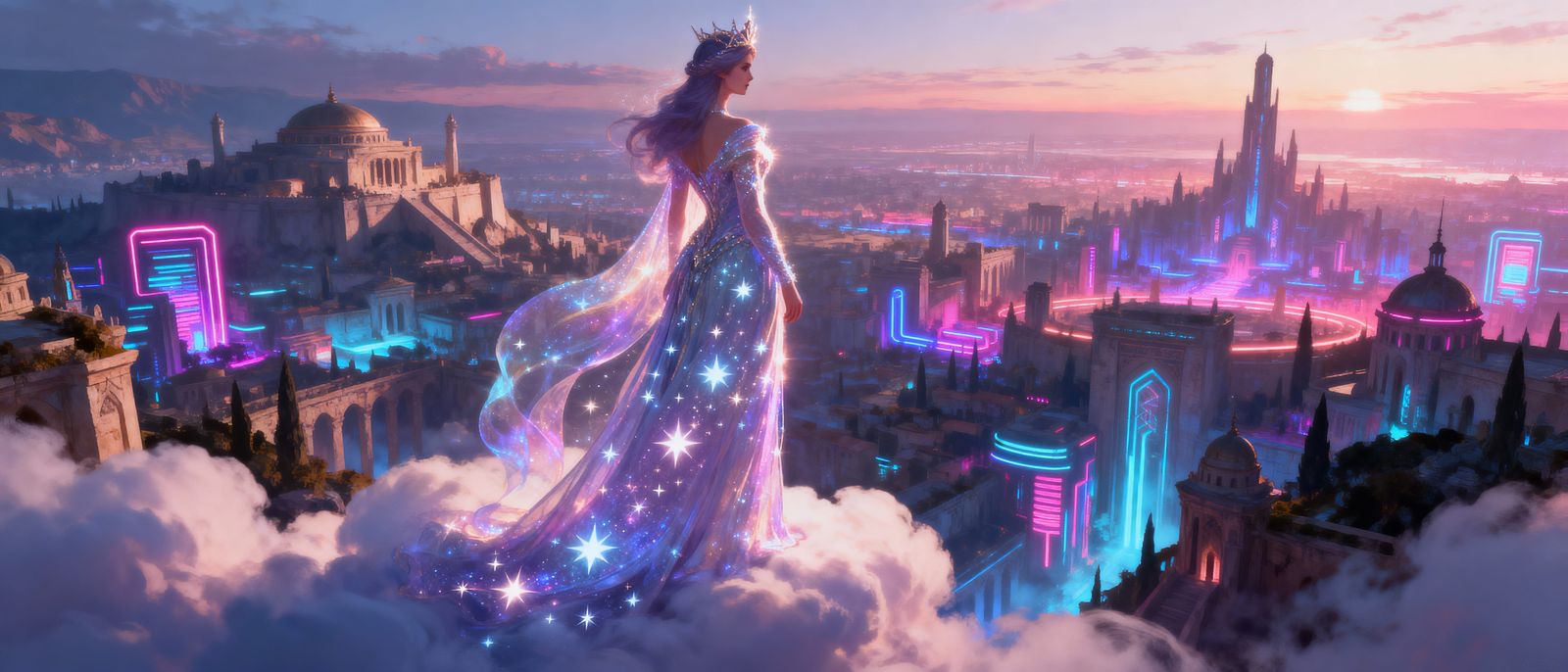 Starlight Queen Above Neon Cityscape