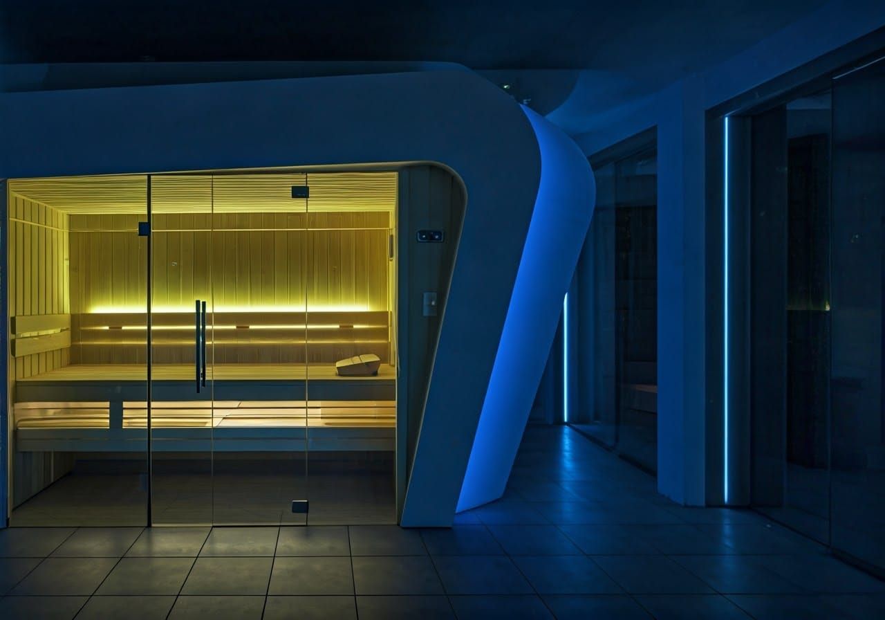 Futuristic Space Age Sauna in Bold Primary Colors