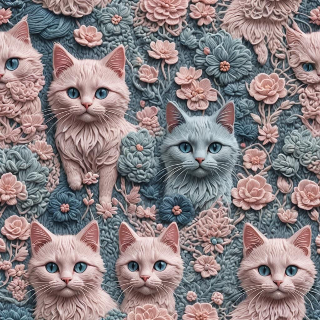 Pastel Pink and Blue Knitted Cat Embroidery