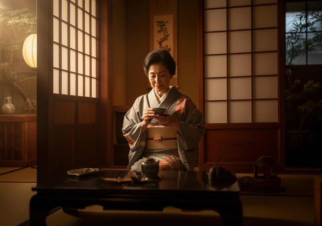 Elegant Japanese Woman in Kimono with Tea