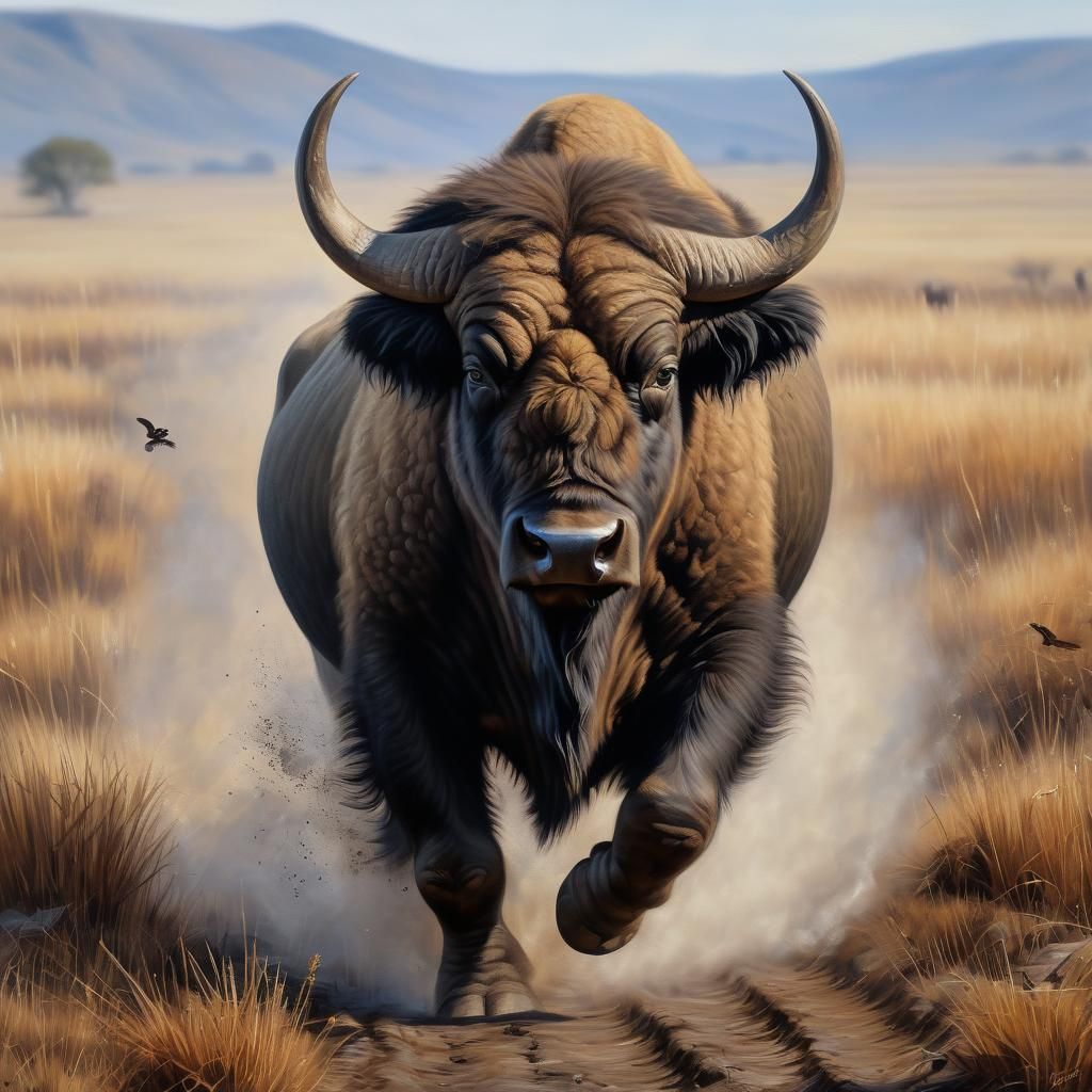 Hyperrealistic Buffalo Stampede Oil Painting