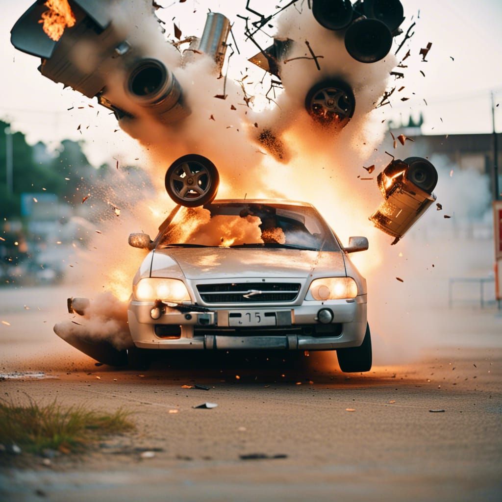 Exploding Car in Mid-Air: 35mm Film Photography