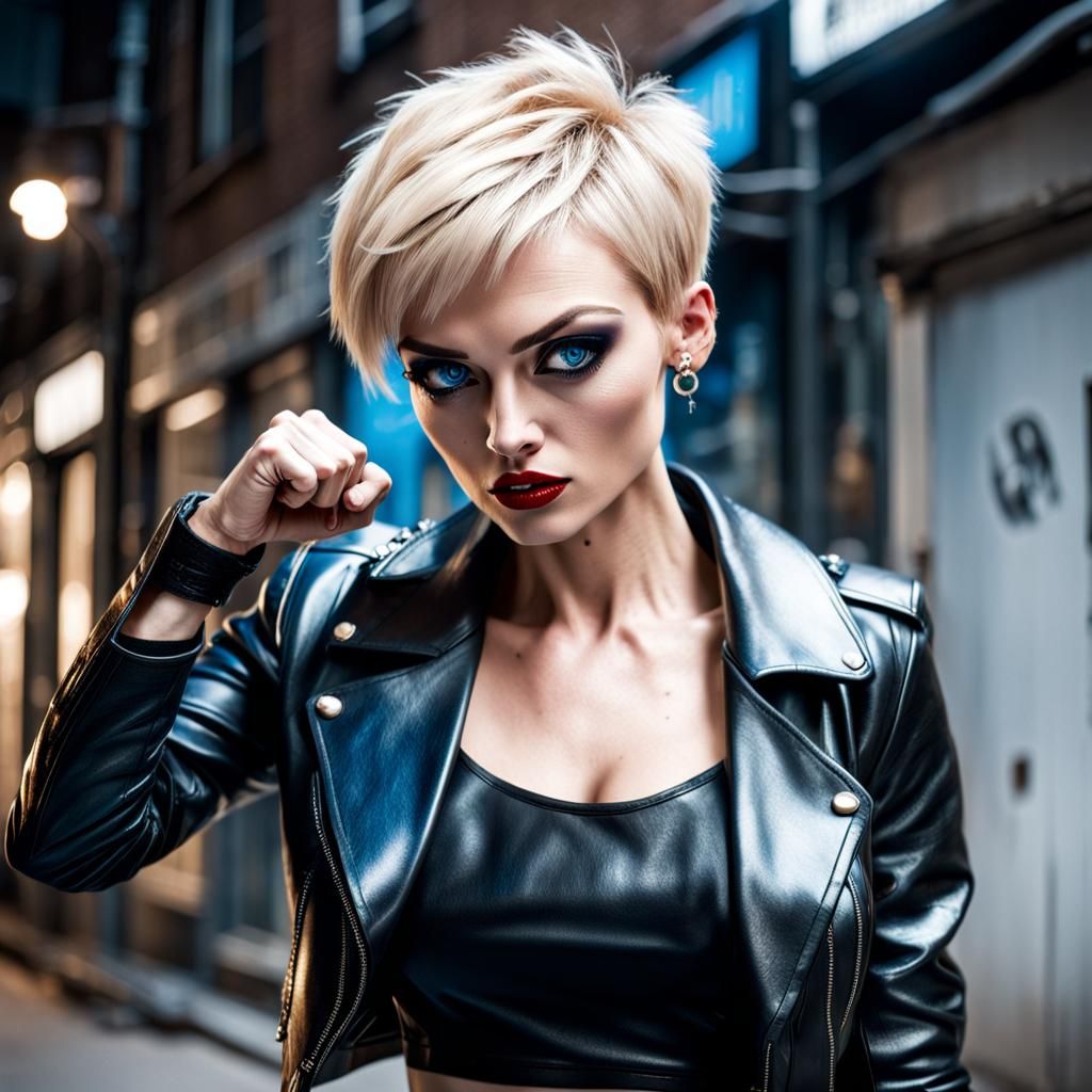 Punk Woman Dodges Punch in Cinematic Action Scene