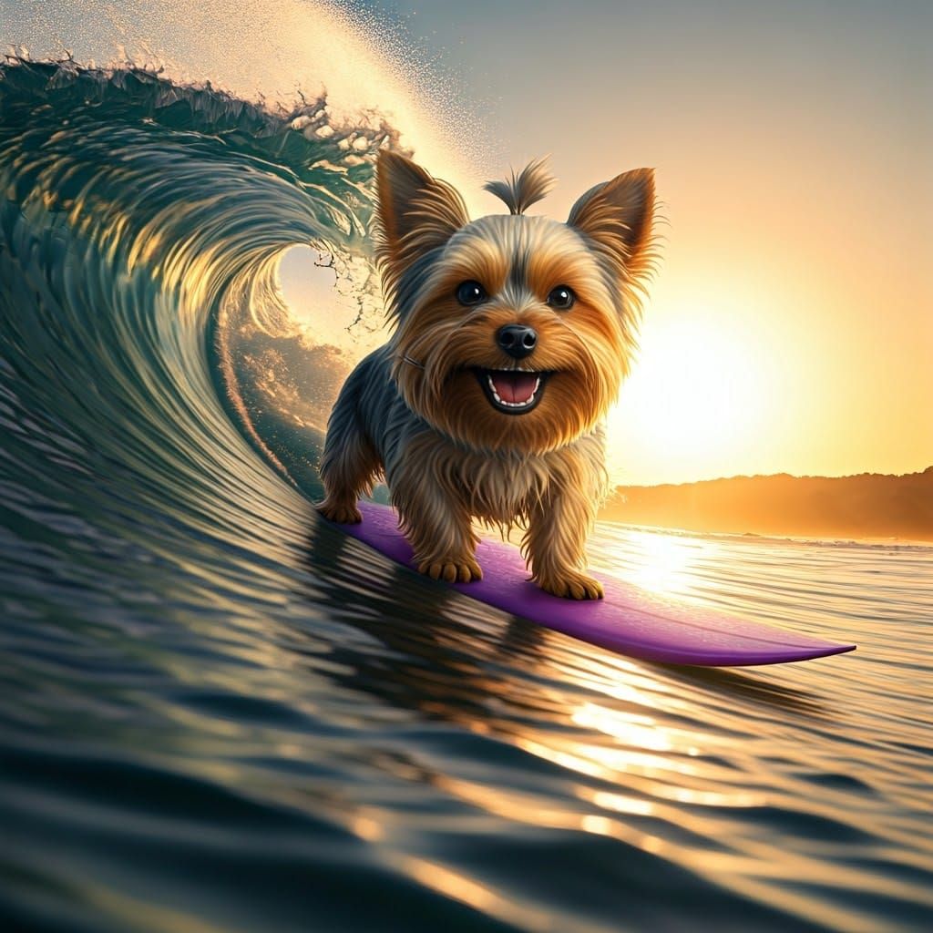 Troll Surfer Rides Golden Wave in Sunset Glory