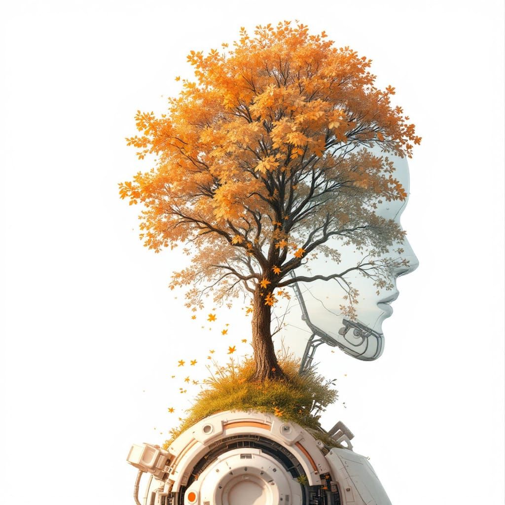 Cyborg Robot Merges with Tree in Double Exposure Art
