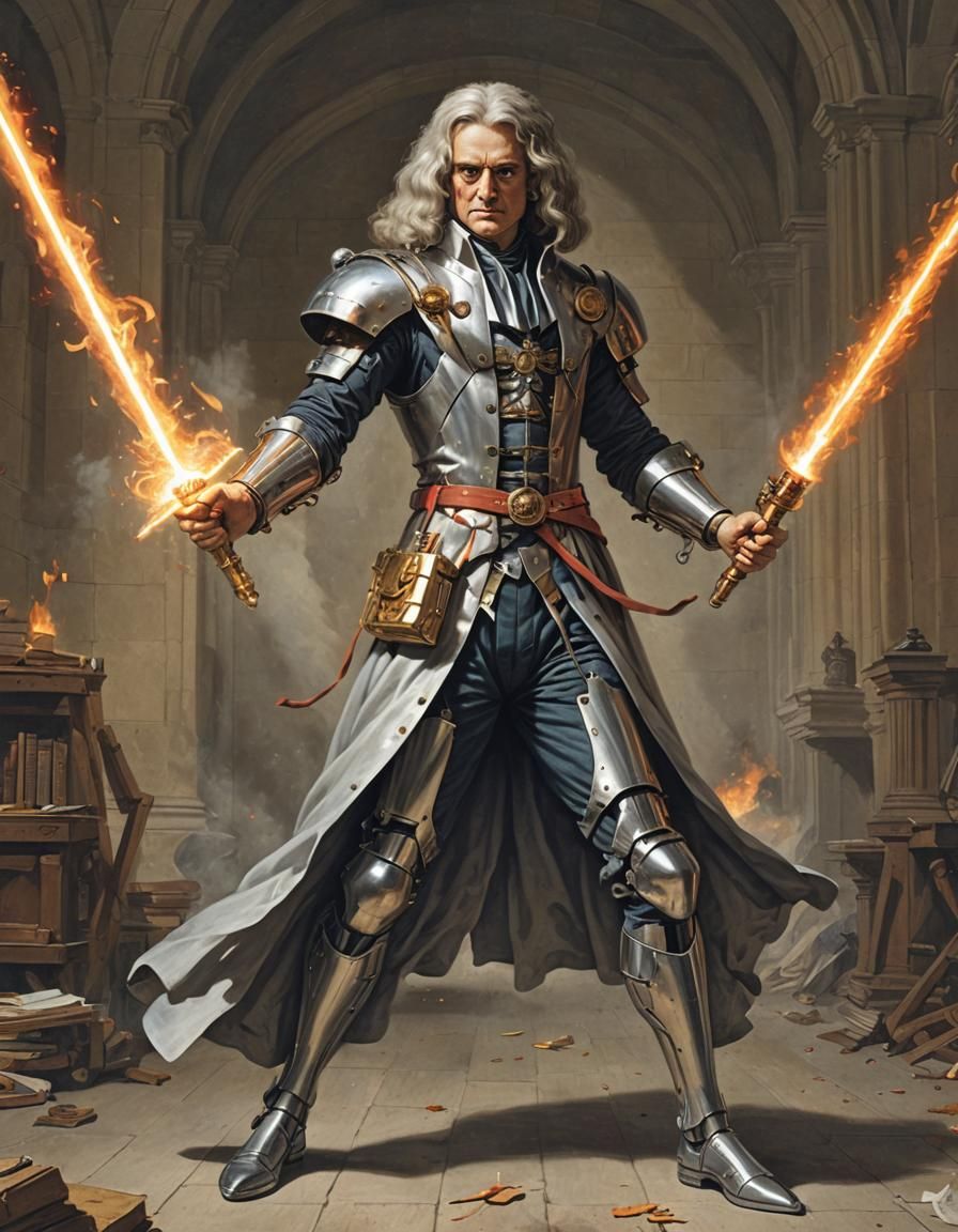 Cyborg Isaac Newton with Flaming Laser Sword