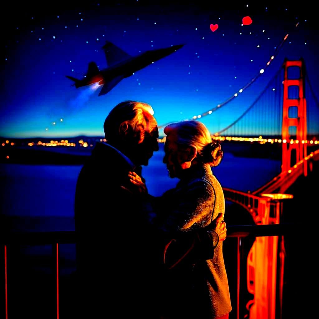 Elderly Couple Embraces on Golden Gate Bridge at Night