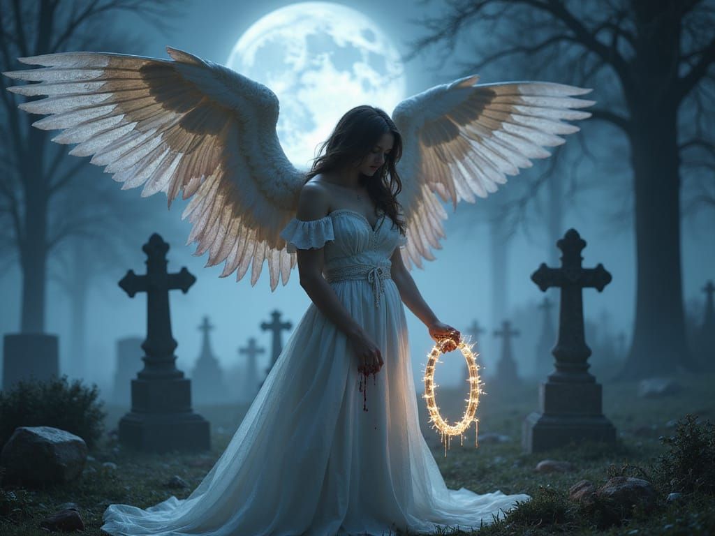 Angel in Moonlit Graveyard, Dark Fantasy Art