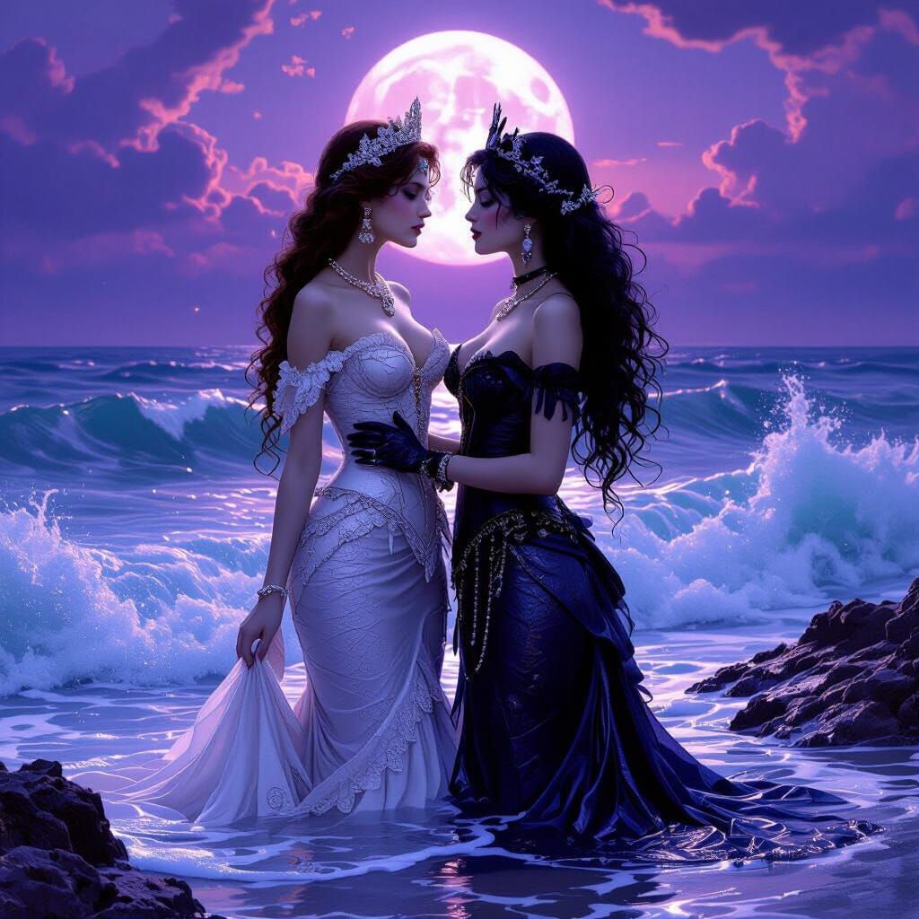Victorian Mermaid Empress Seduces Beauty in Twilight Sea