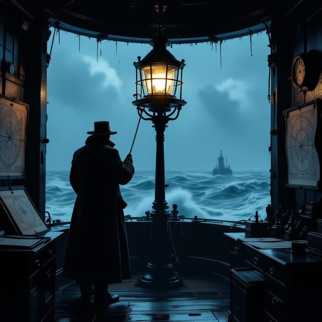 Gothic Lighthouse Keeper Tends Lamp Amidst Stormy Seas