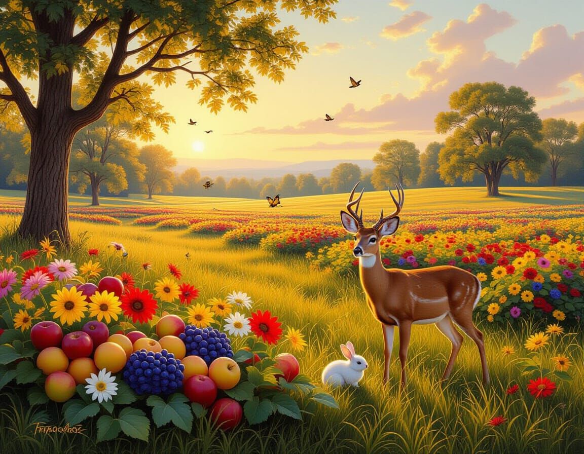 Golden Hour Landscape Painting with Wildlife and Abundant Fr...