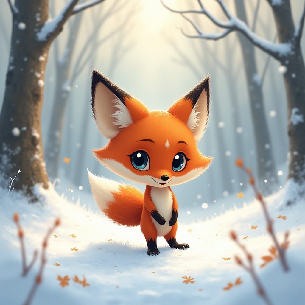 Whimsical Fox in Snowy Forest, Watercolor and Oil Style