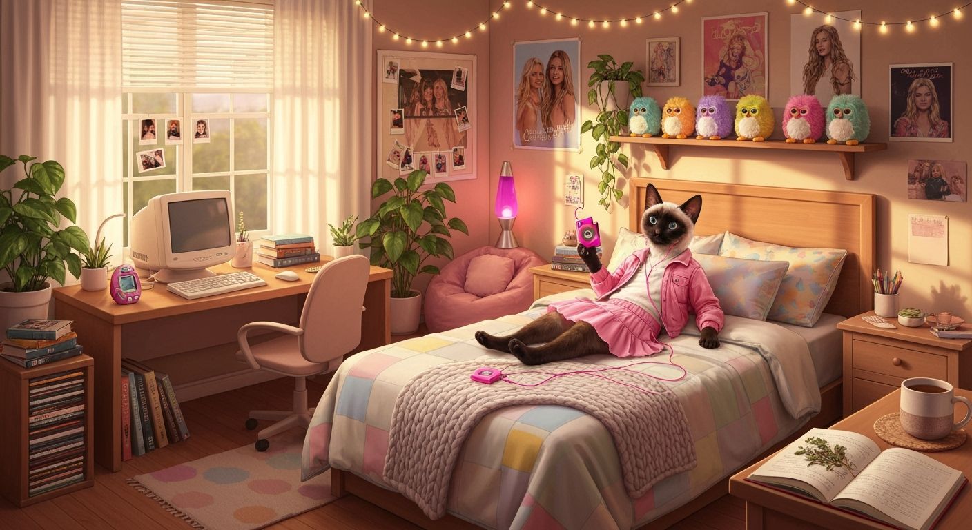 Cozy Millennial Bedroom with Cat Listening to Music