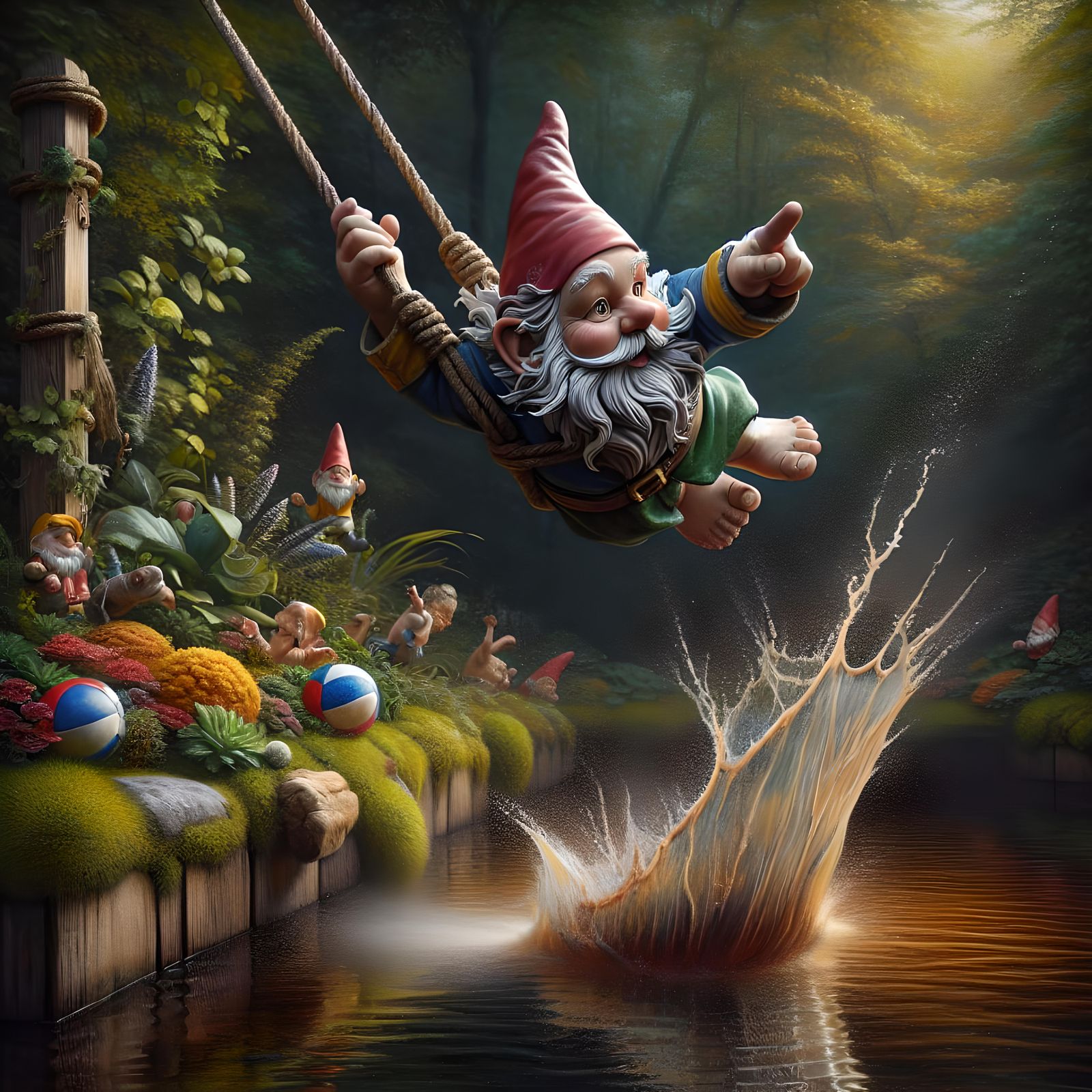 Gnome's Daring Rope Swing Plunge in Hyperrealism