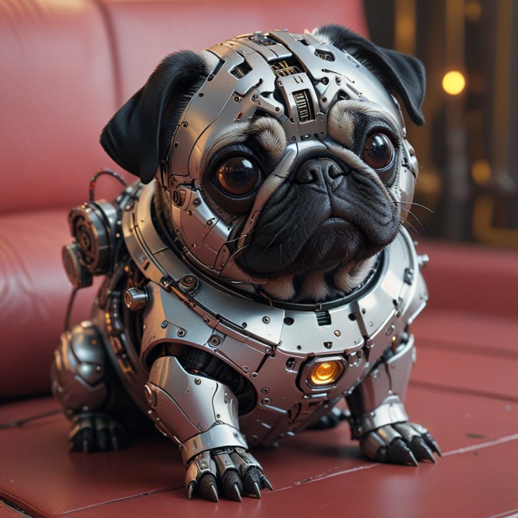 Mecha Pug in Photorealistic Metal and Glass Skin