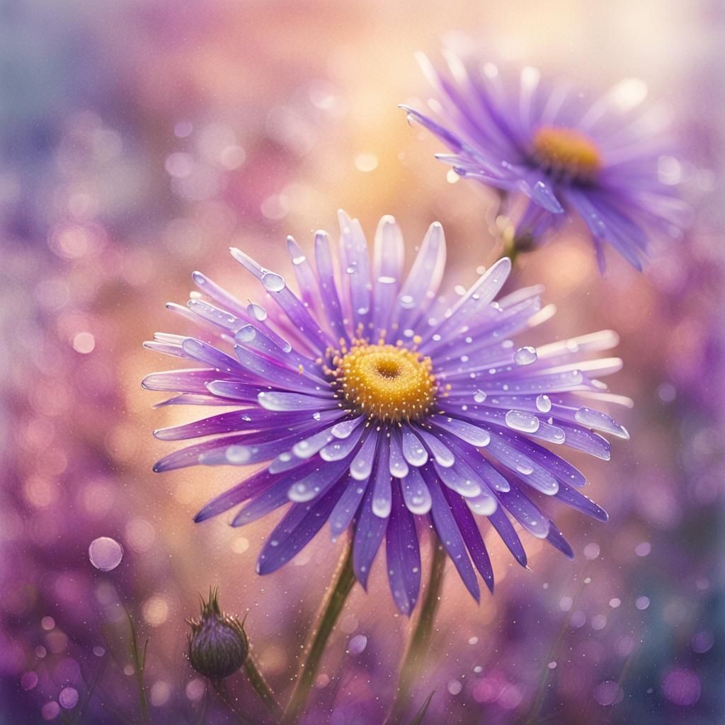 Purple violet flowers, aster, watercolor