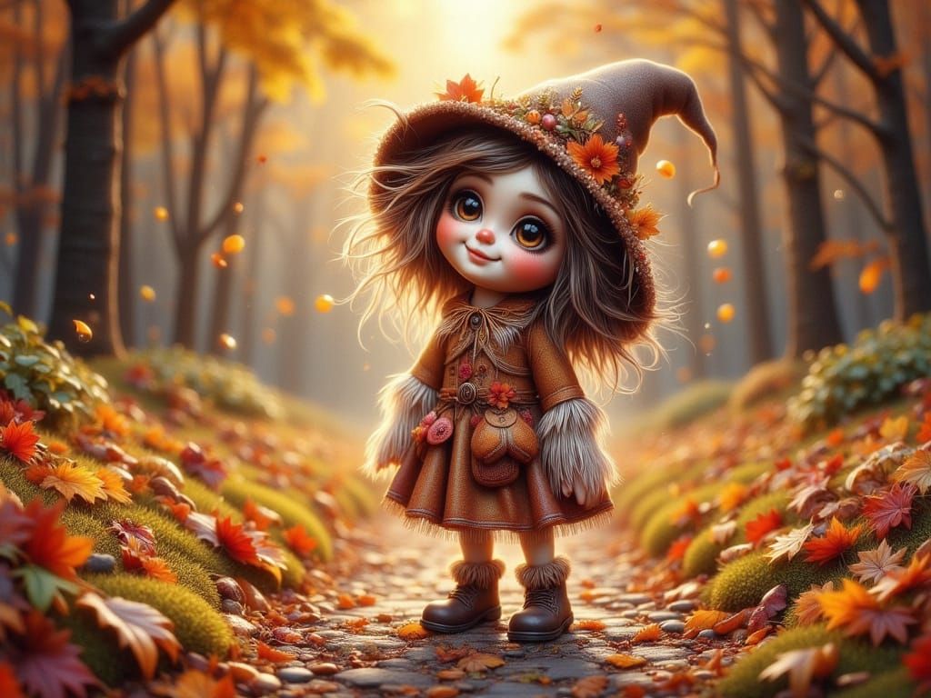 Whimsical Scarecrow Girl in Autumn Forest