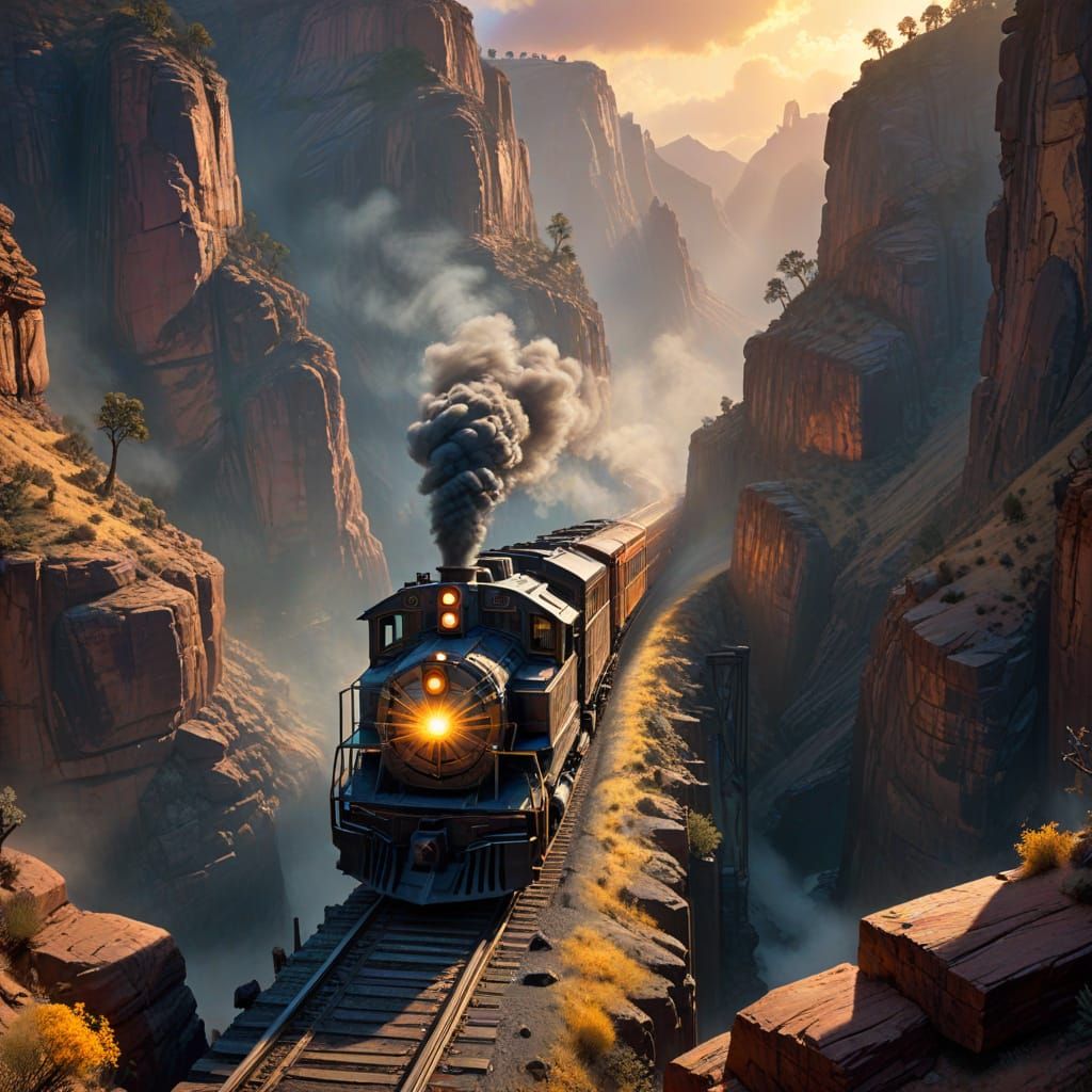 Cinematic Old West Train Crossing Canyon Bridge in Cosmic Co...