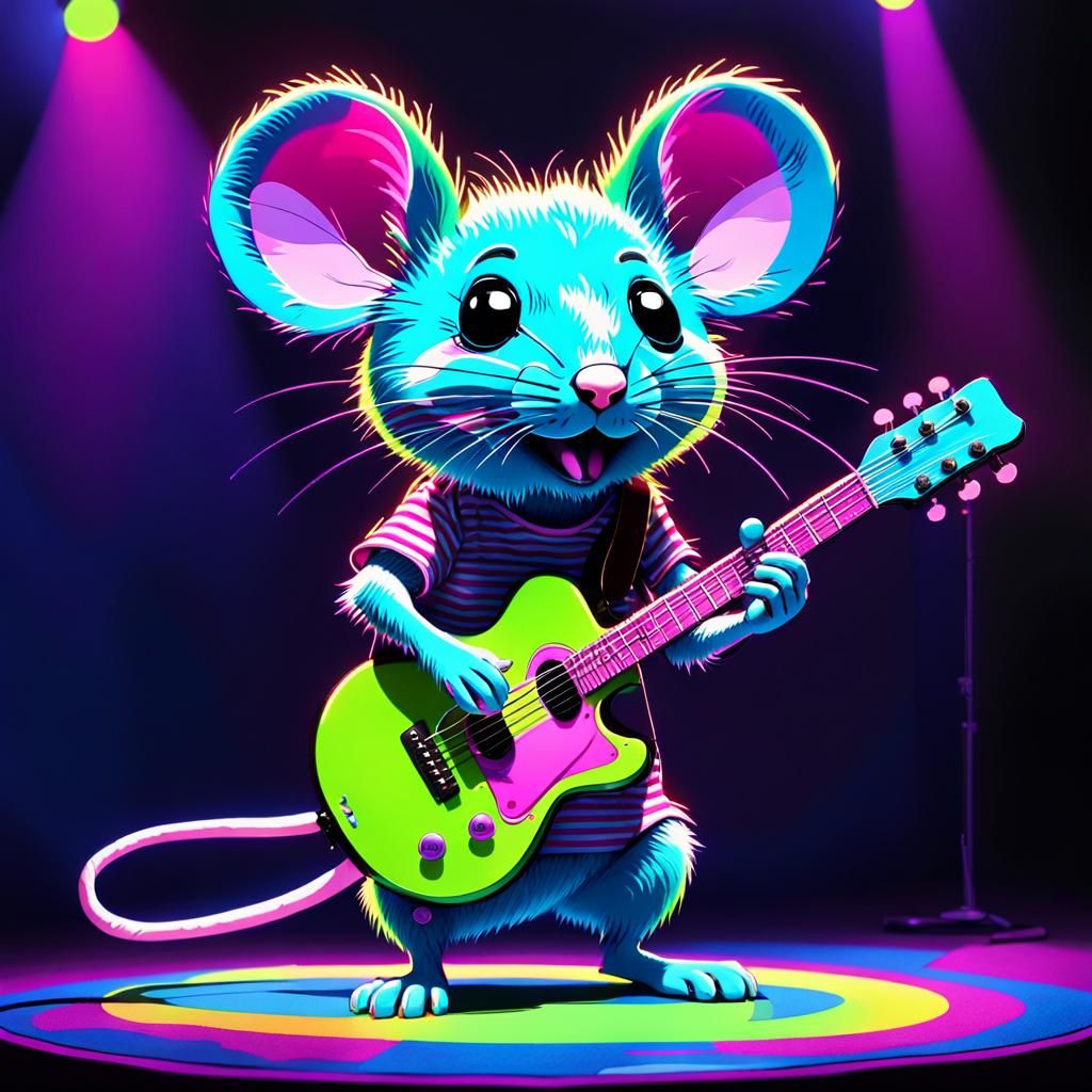 Neon Pop Art Mouse Plays Guitar on Stage