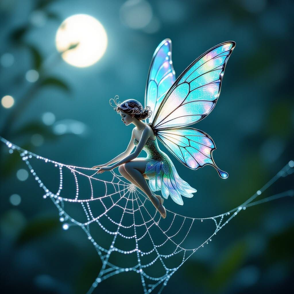 Glass Fairy on Spiderweb Under Ethereal Moonlight