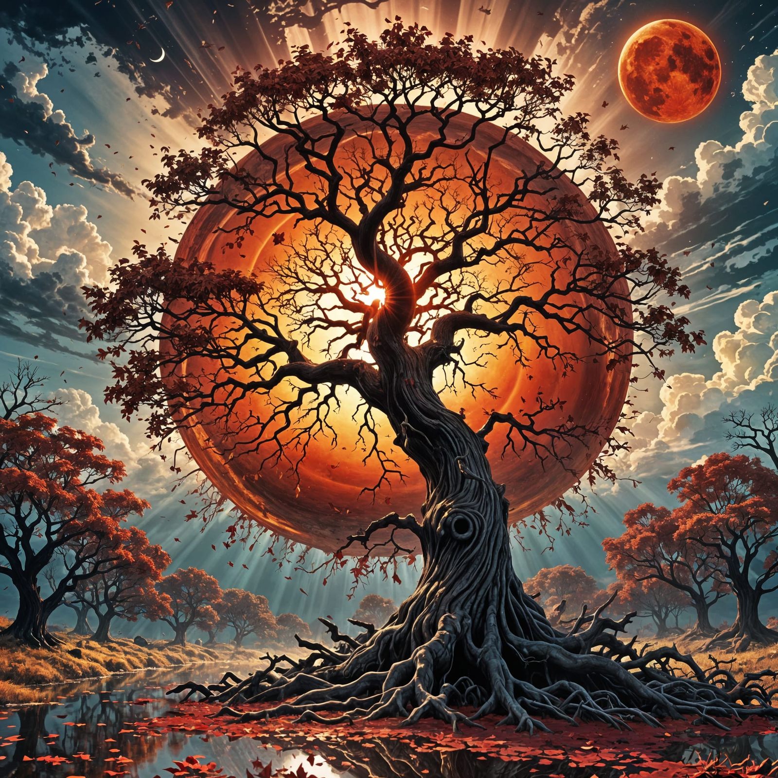 Ominous Autumn Tree with Blood-Red Sun Eclipse