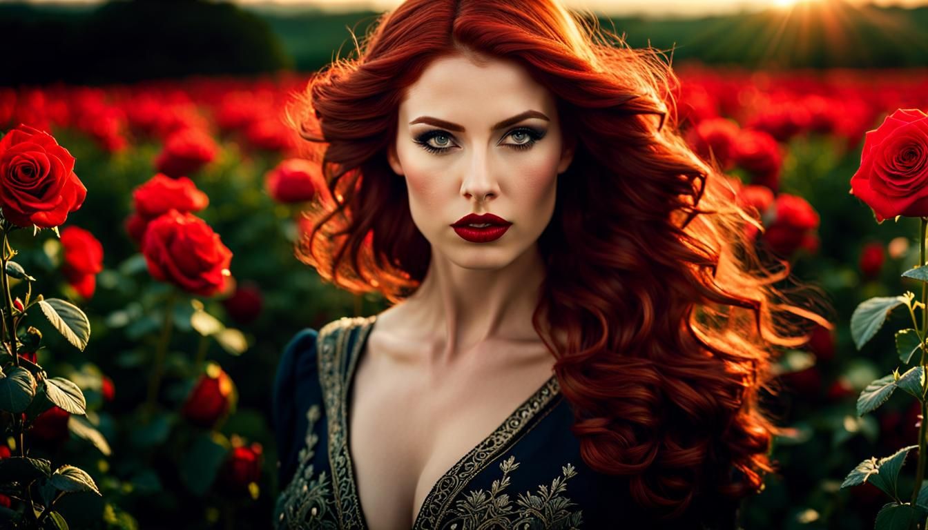 Irish Woman in Rose Field at Sunset