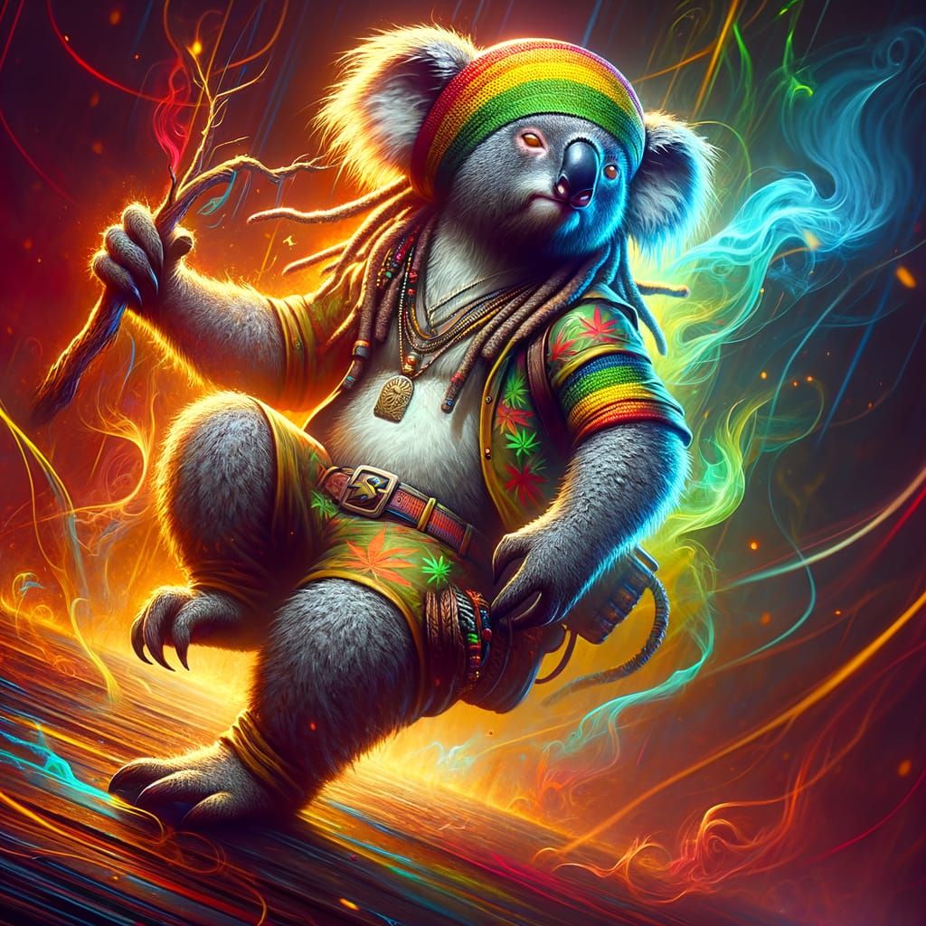 Rastafarian Koala Dancing to Reggae, Matte Painting