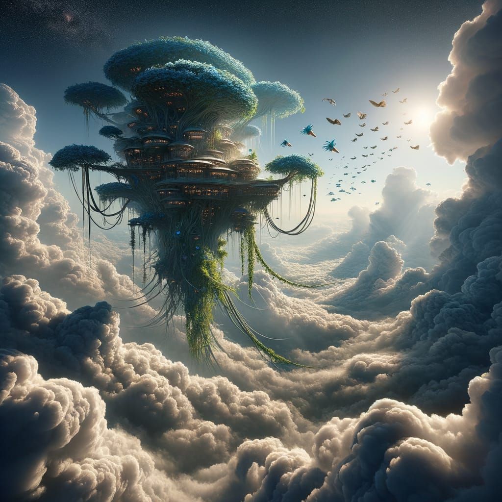 Surreal Science Fiction Treehouse Amidst Cloudy Skies