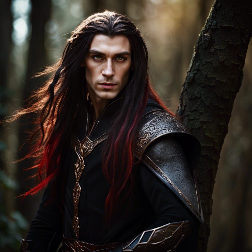 Androgynous Elf with Golden Eyes in Forest