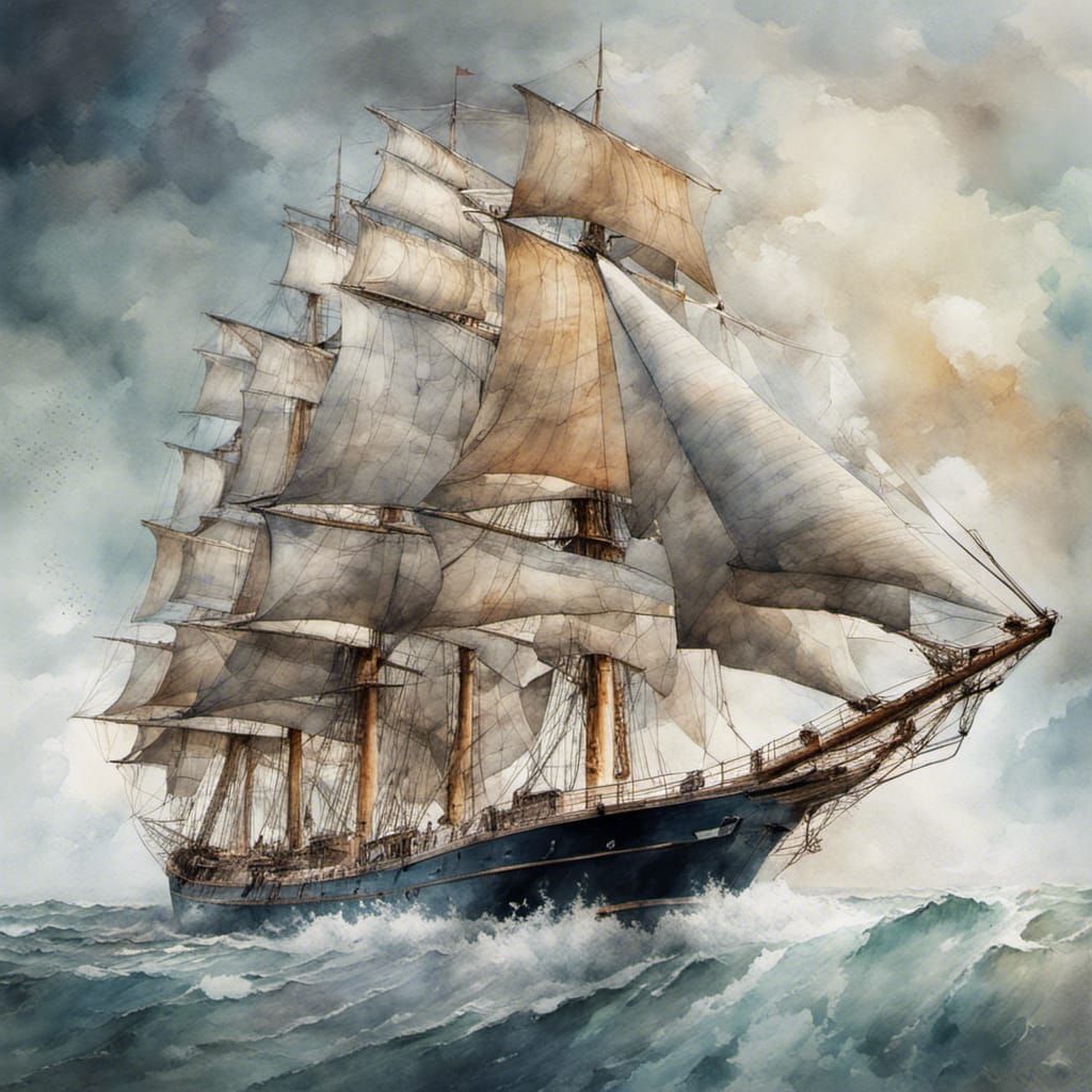 Four-Masted Ship in Storm, Watercolour Style