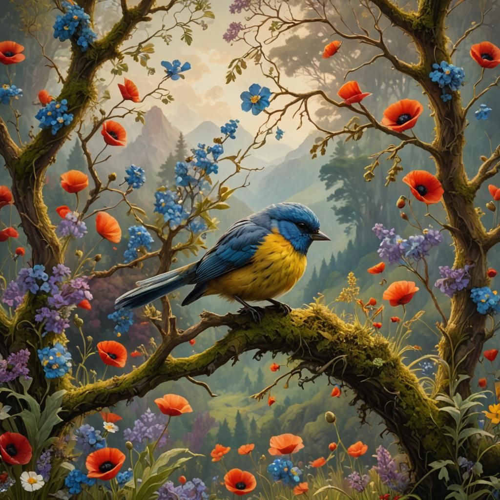 Fluffy Bird on Mossy Branch in Hyperrealistic Digital Art