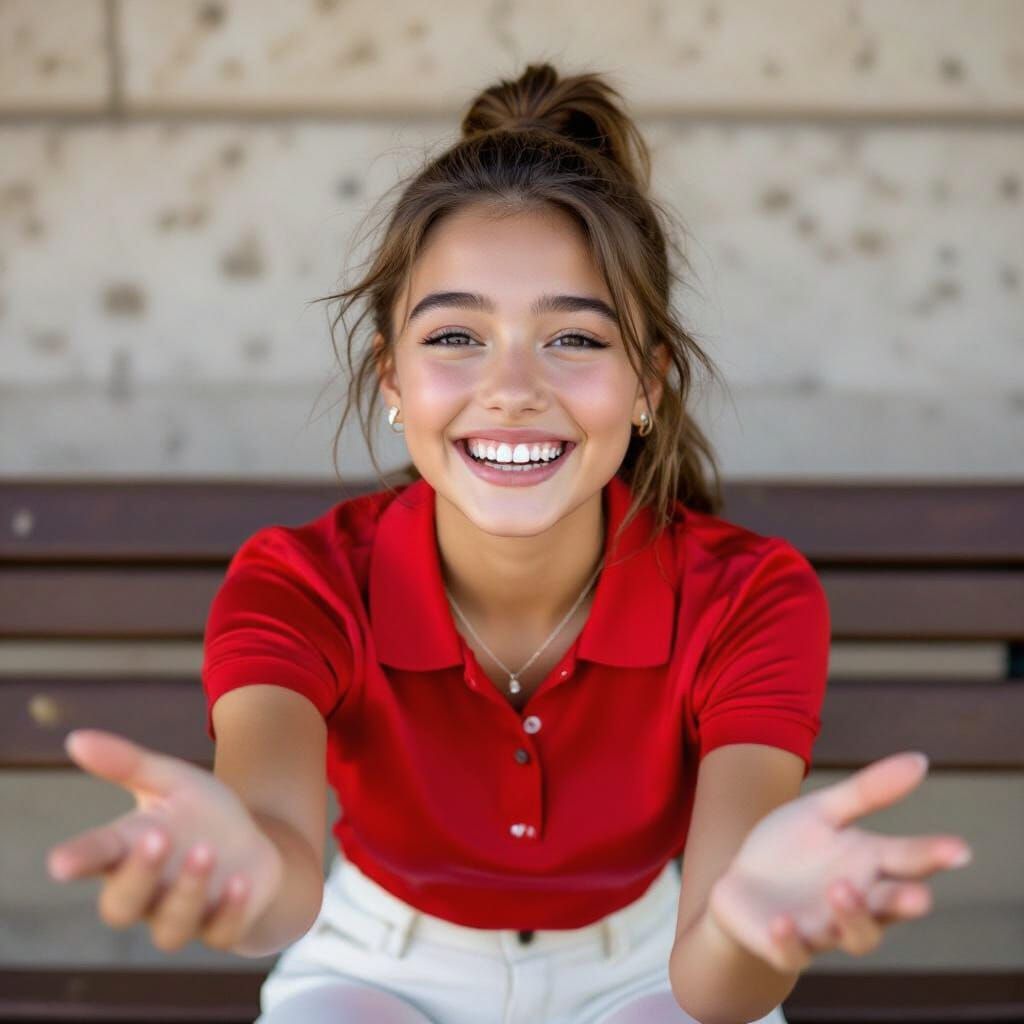 Shy French Teenager Reaches for Camera on Bench