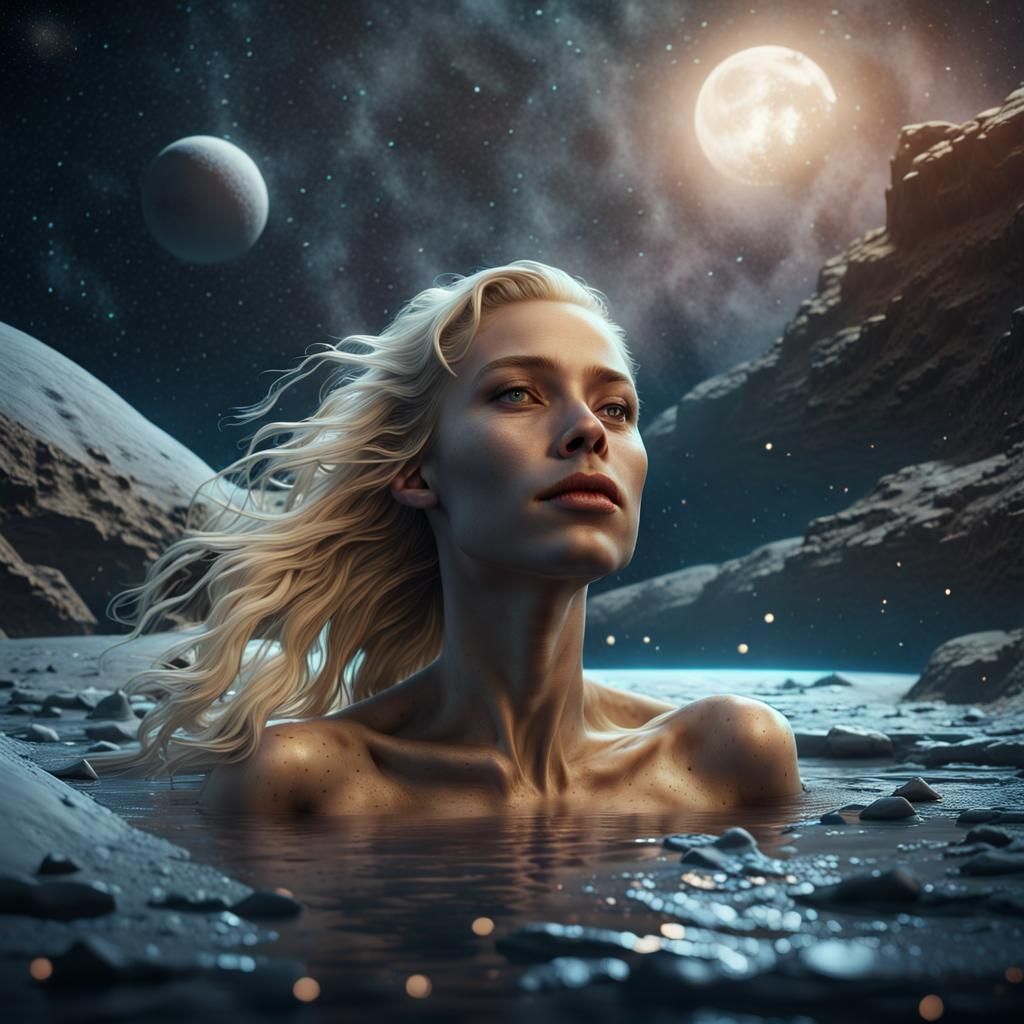 Blonde Woman Swimming in Moon Crater: Fantasy Art