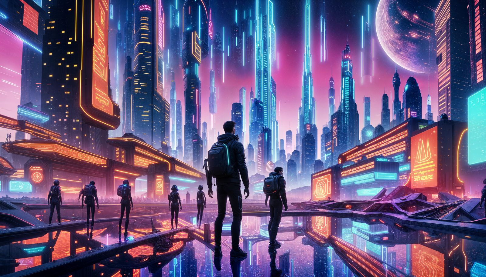 Futuristic Metaverse Cityscape with Neon Lights