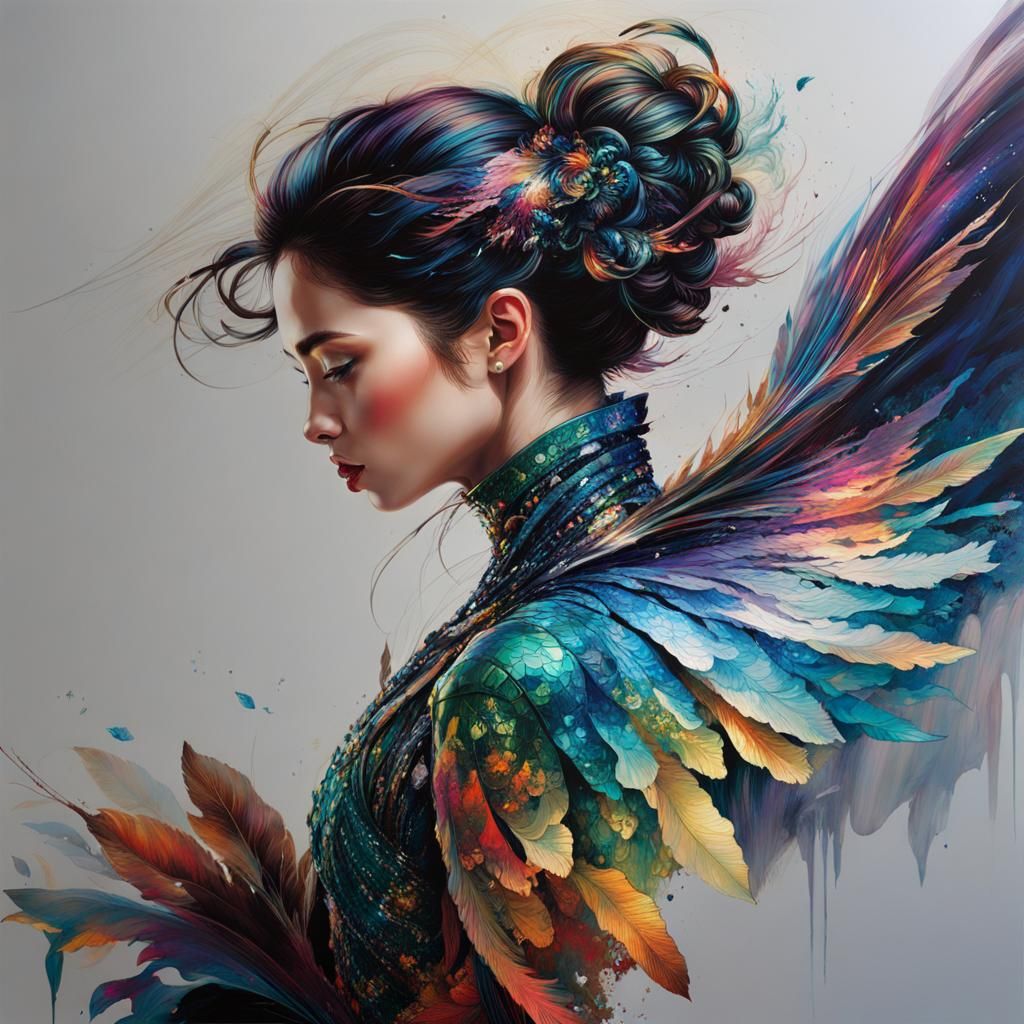 Dancer in Iridescent Dress with Swirling Scales