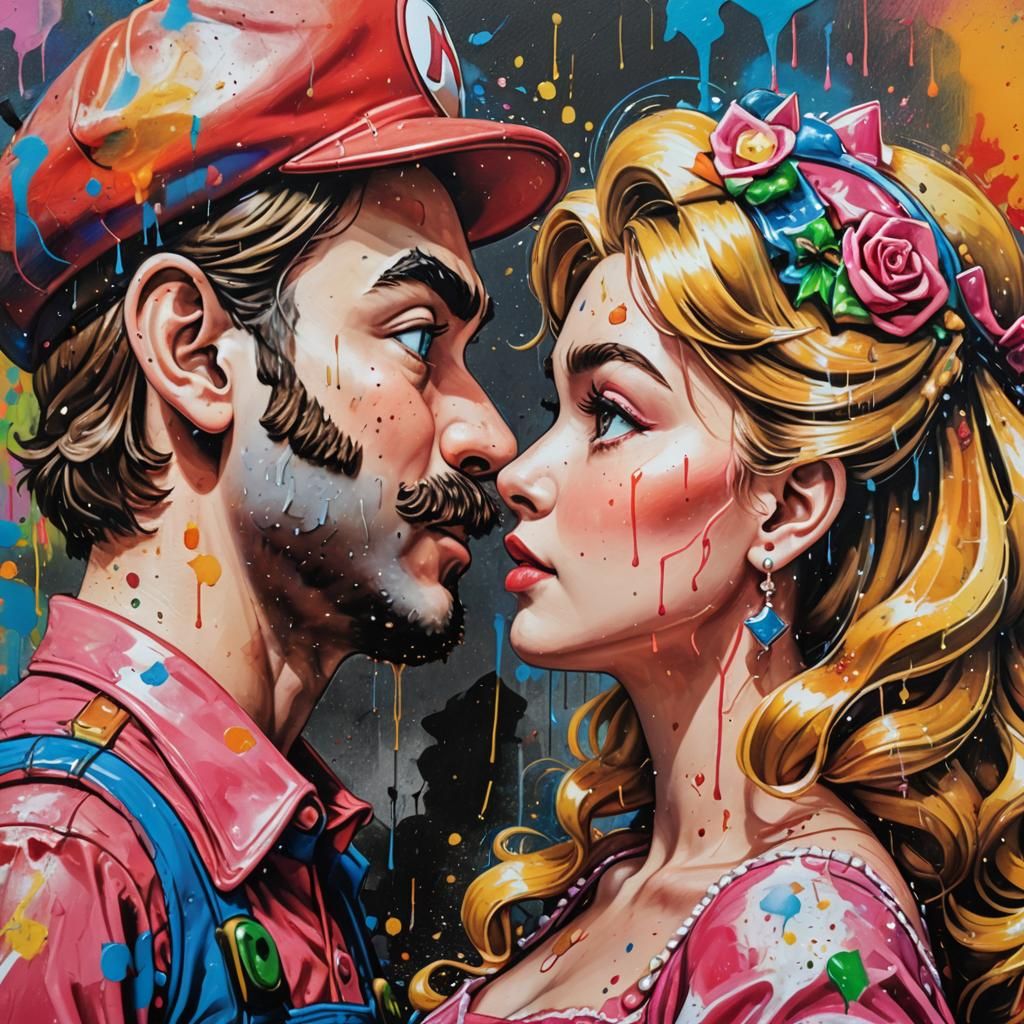 Mario and Peach Kissing: Polychromatic Street Art
