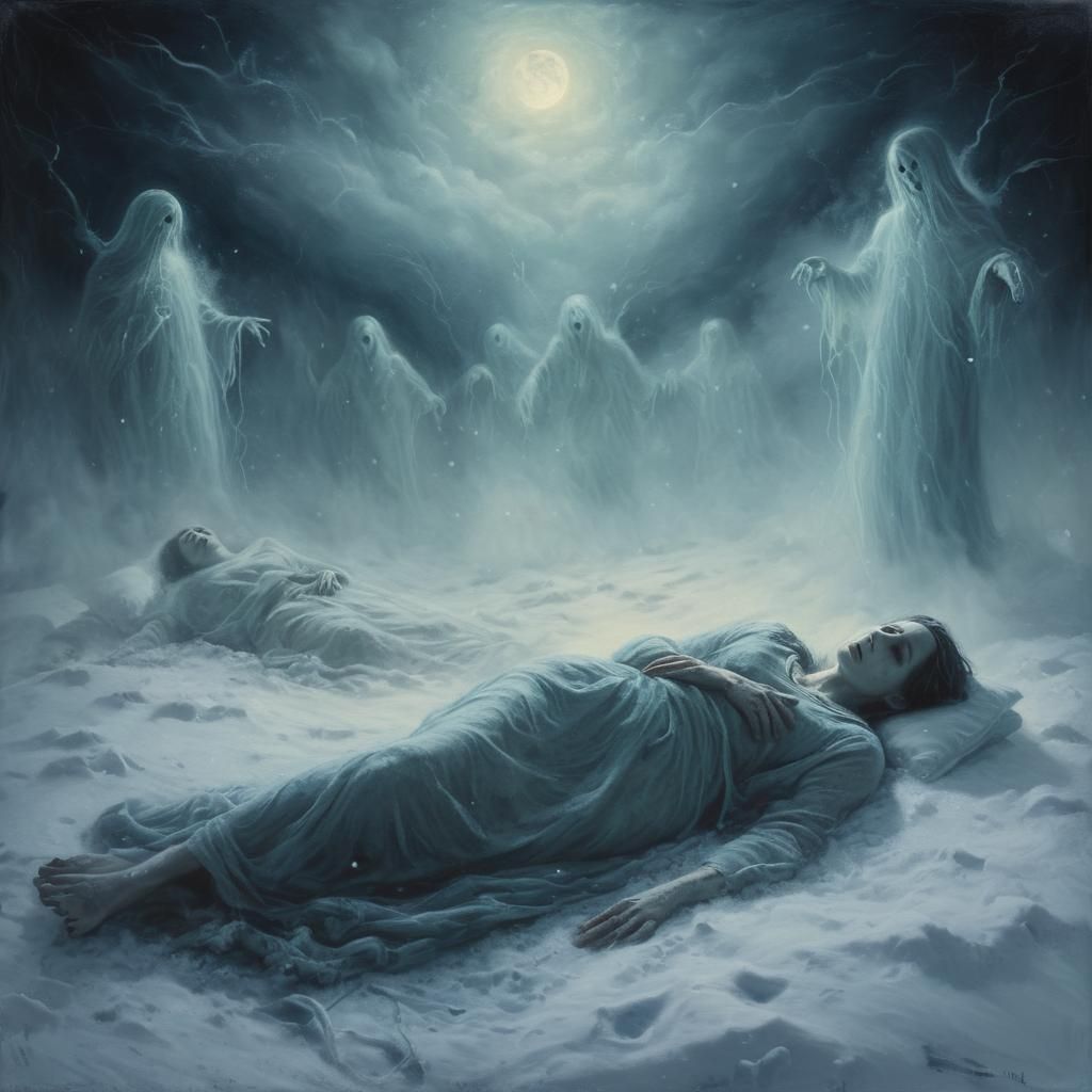 Ethereal Spirits Surround Person in Mystical Painting