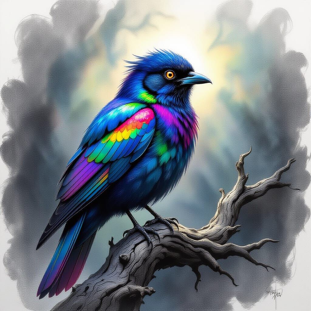 Mystical Rainbow Bird Charcoal Drawing in Dramatic Light