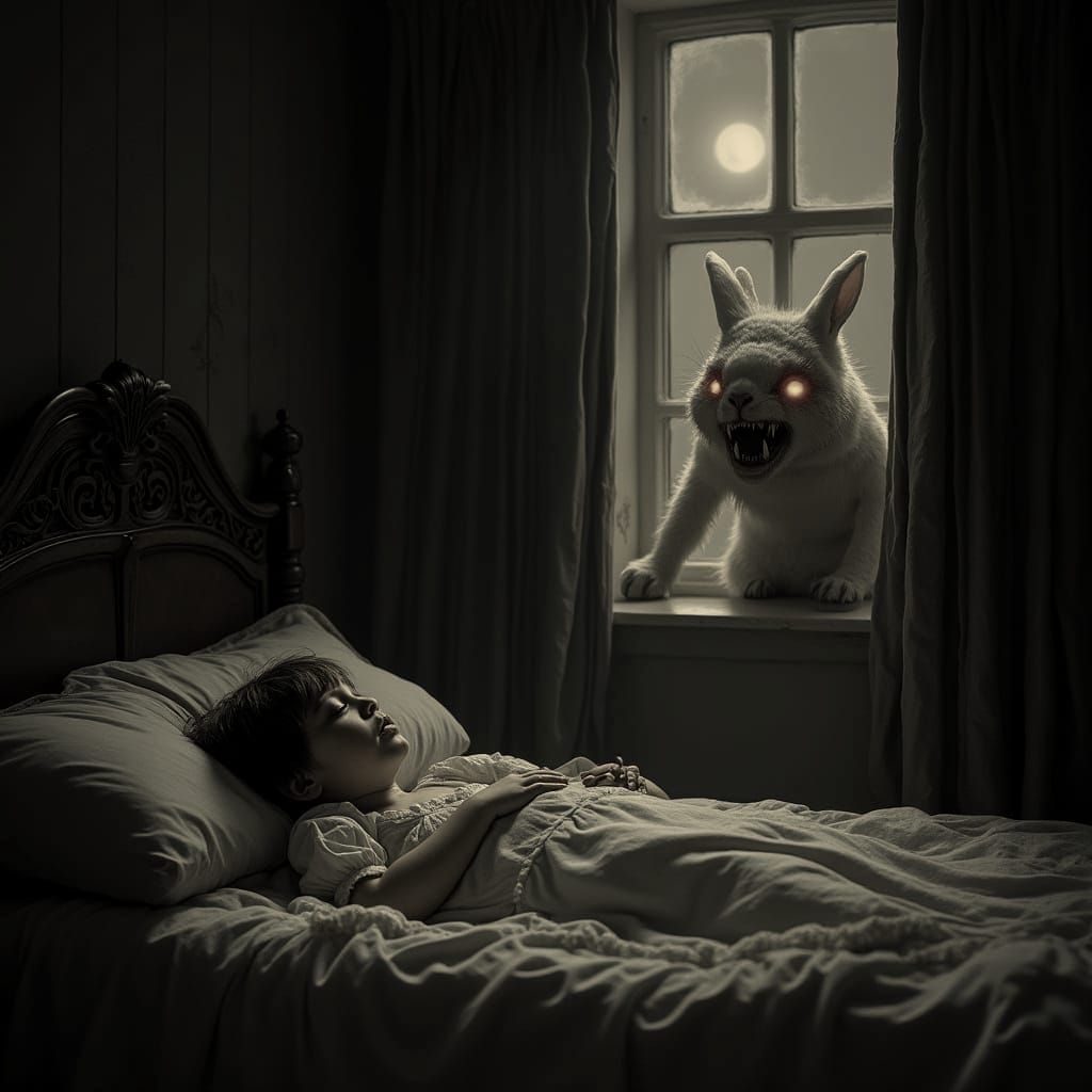 Sinister Rabbit Watches Over Sleeping Boy in Darkened Room